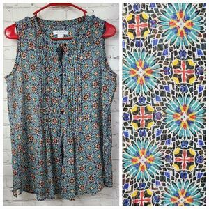 Liz Claiborne Turquoise Floral Sleeveless Shell Work Blouse Crepe Pleated Top SM